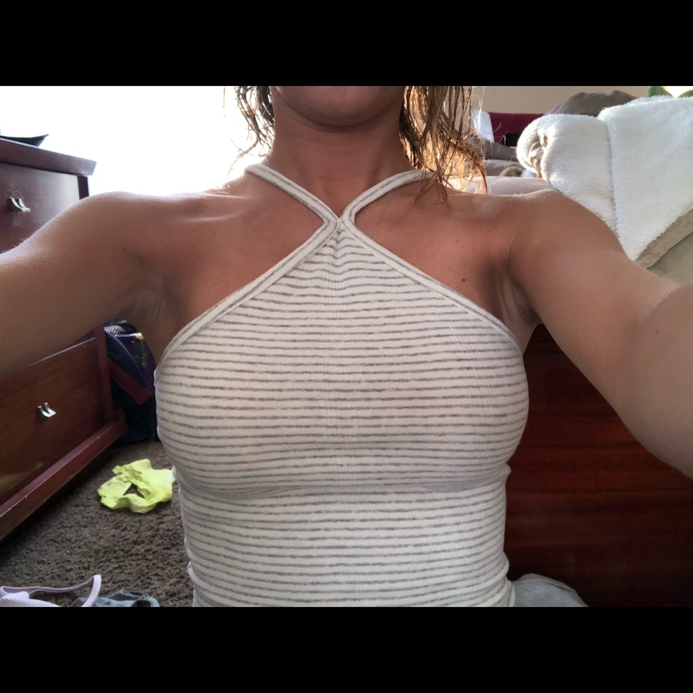 Gray and white striped tank